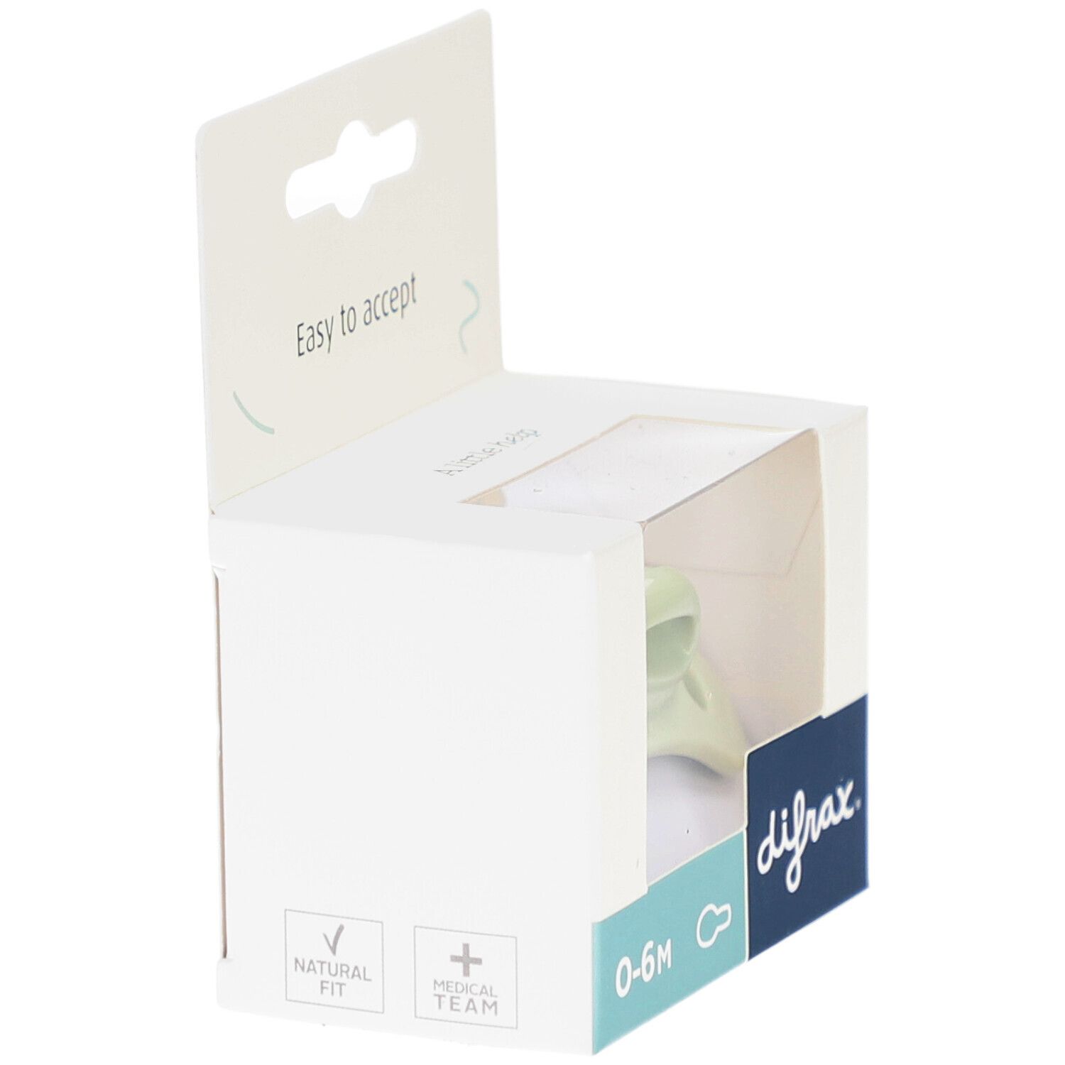 Fopspeen in verpakking. Lichtgroene kleur, 0-6M. Merk Difrax. Verpakking met venster.
