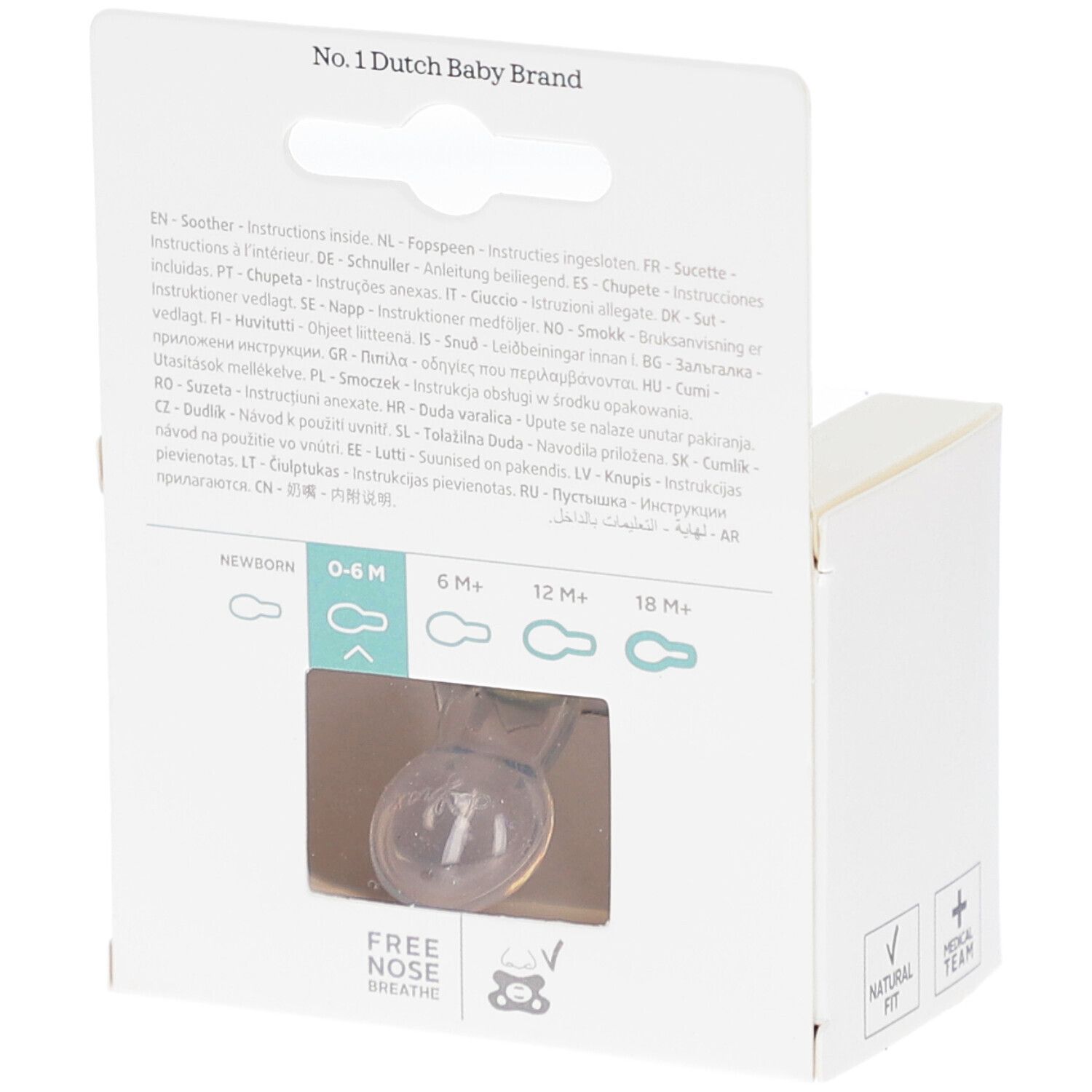 Achterkant van de verpakking. Meertalige informatie. Venster met fopspeen. 0-6M.