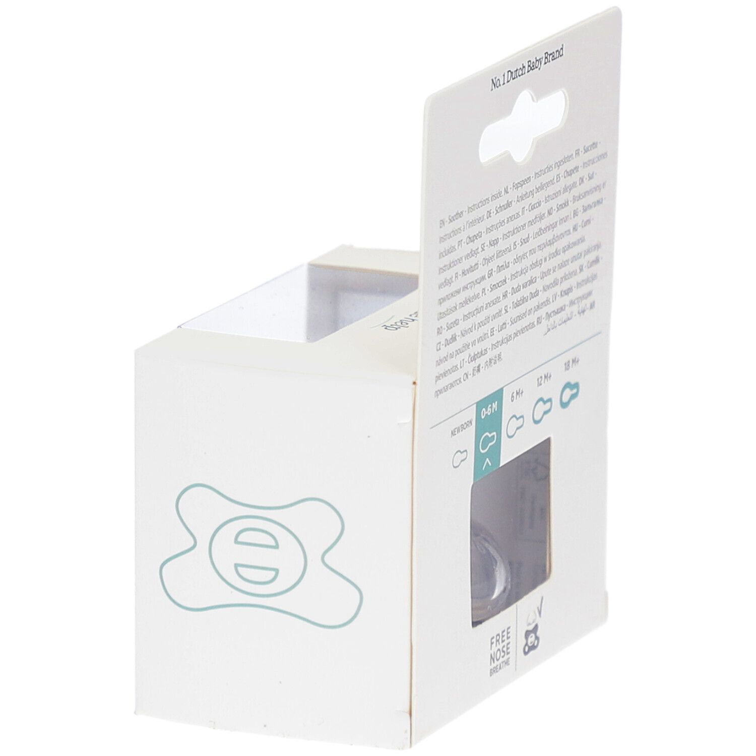 Verpakking, achterkant. Meertalige informatie. Venster met fopspeen. 0-6M.