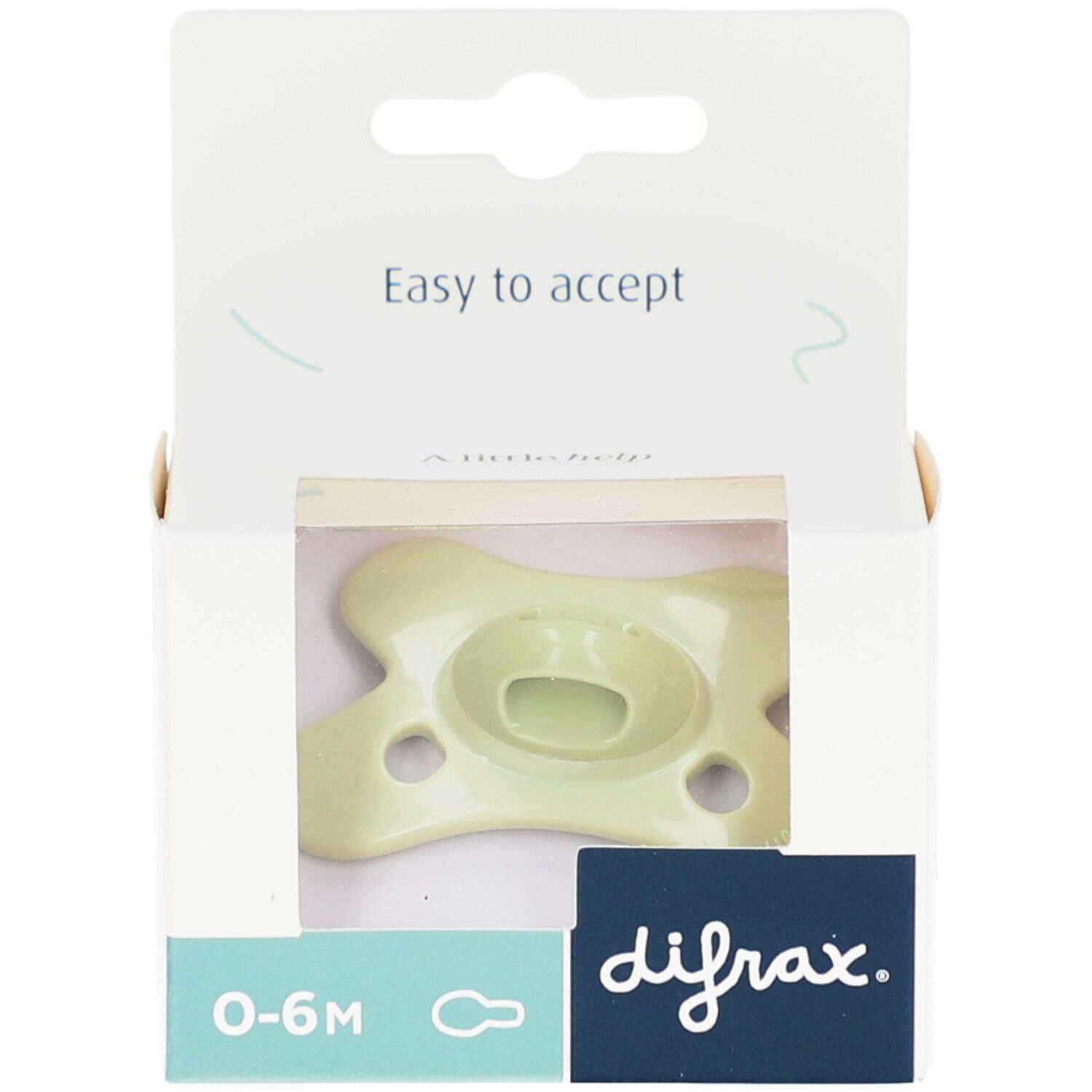 Fopspeen in verpakking. Lichtgroene kleur, 0-6M. Merk Difrax. Verpakking met venster.