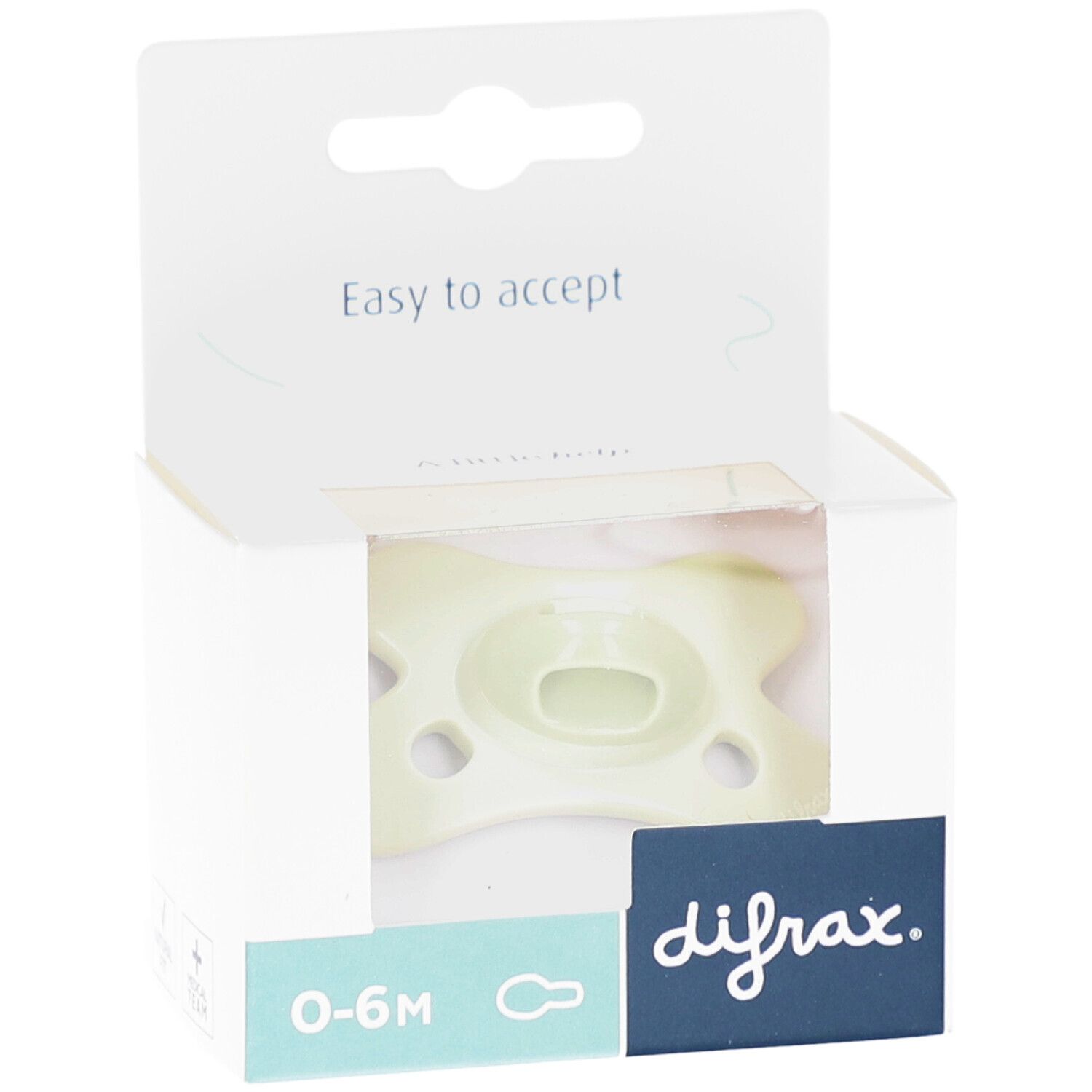 Fopspeen in verpakking. Lichtgroene kleur, 0-6M. Merk Difrax. Verpakking met venster.