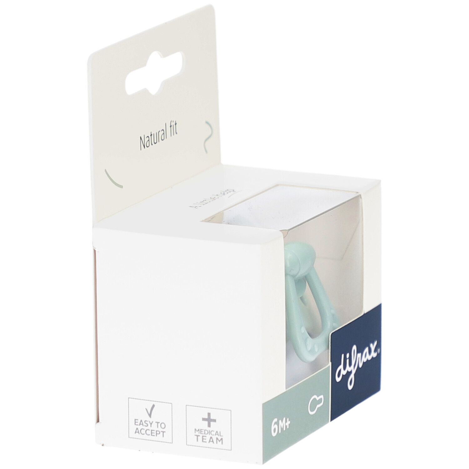 Verpakking met groene fopspeen. Opschriften: difrax, 6M+, Natural fit.