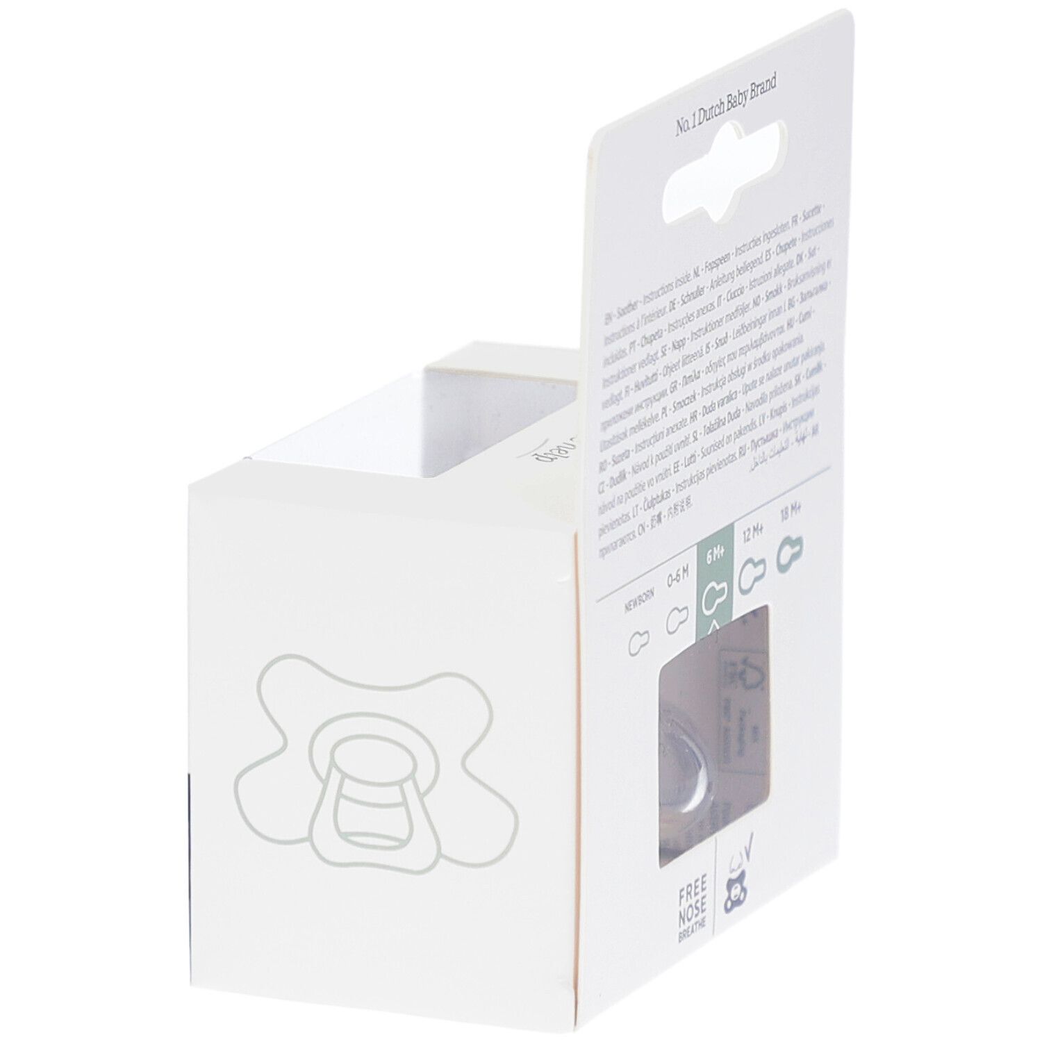 Verpakking met fopspeen. Opschriften: No. 1 Dutch Baby Brand. Illustraties.