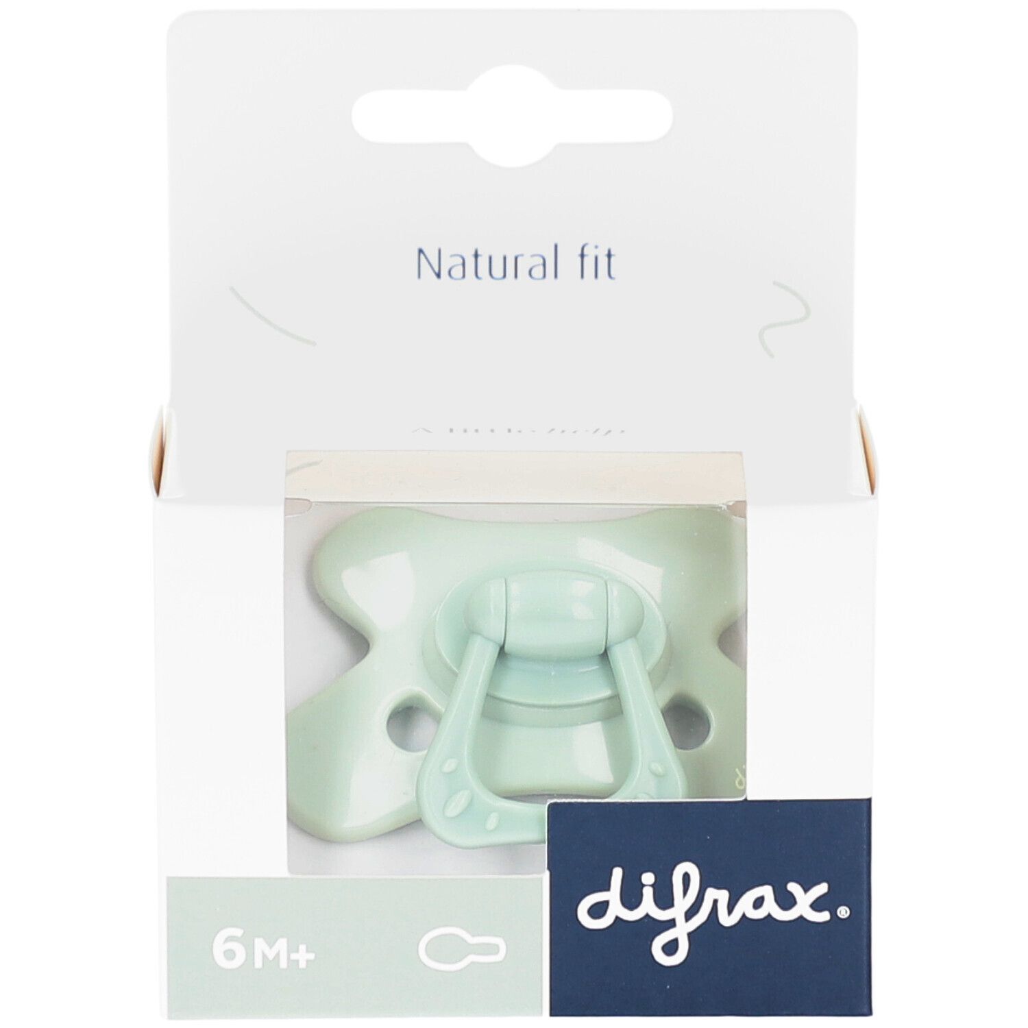 Groene fopspeen in verpakking. Opschriften: 6M+, difrax, Natural fit.