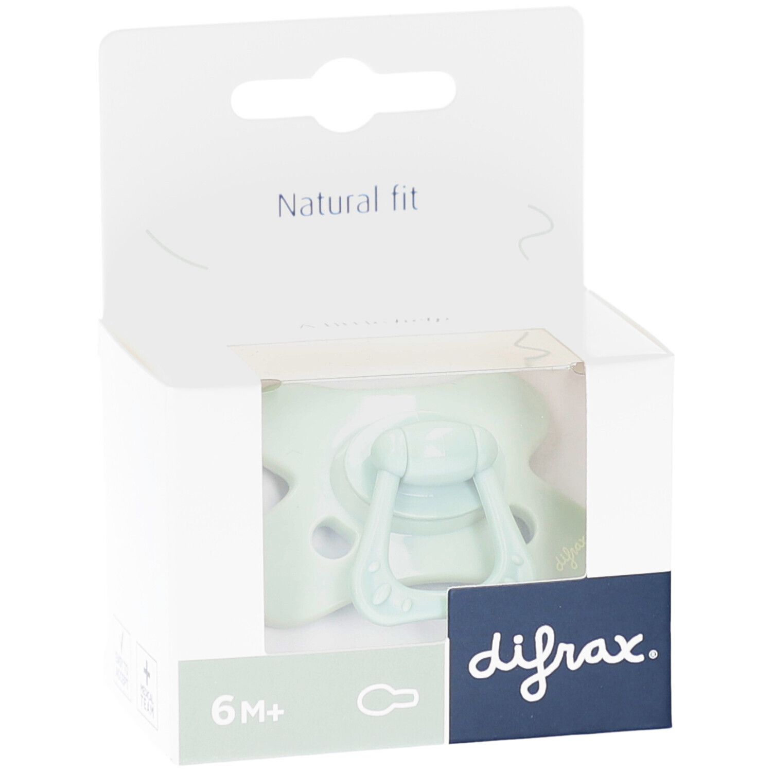 Groene fopspeen in verpakking. Opschriften: 6M+, difrax, Natural fit.