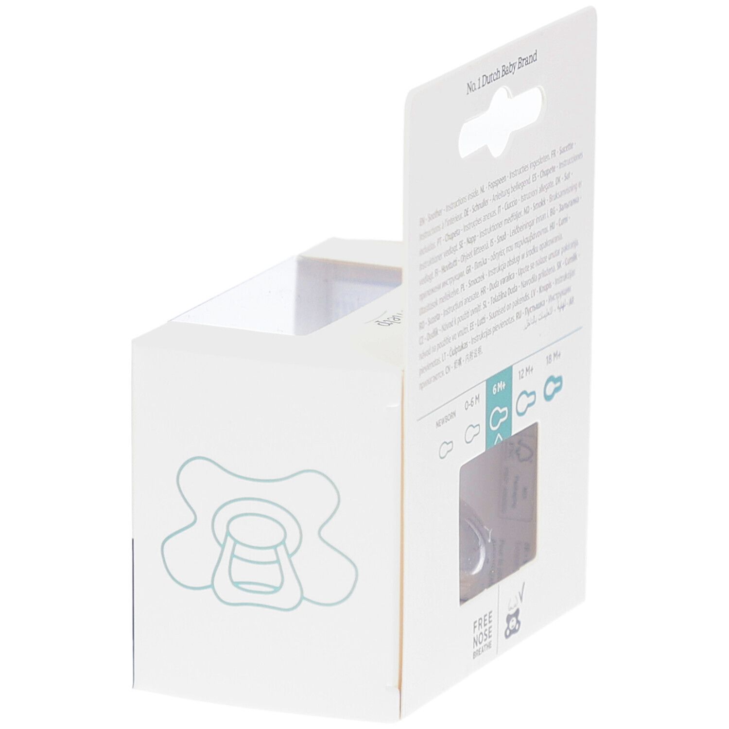 Dos de l'emballage avec sucette. Sucette transparente. Texte: "Free Nose Breathe", "6M+".