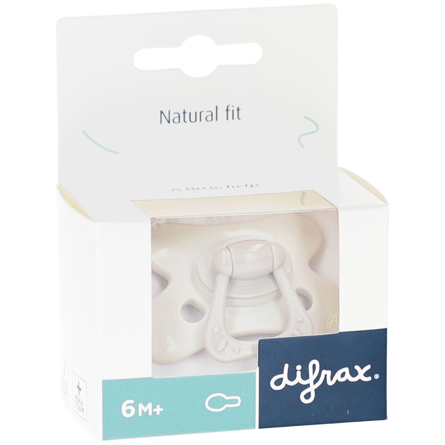 Sucette dans son emballage ouvert. Beige, avec poignée. Le logo "difrax" et "6M+" sont visibles.
