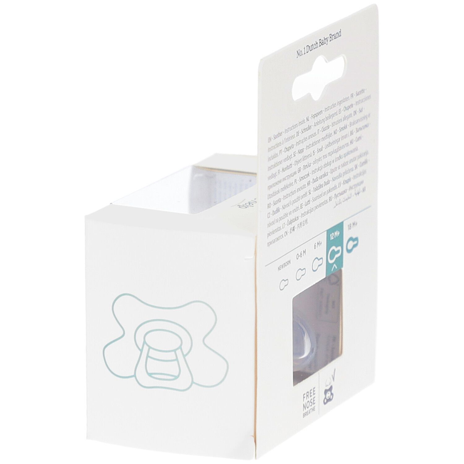 Emballage avec sucette. Visible : indications d'âge, illustration de sucette, "Free Nose".