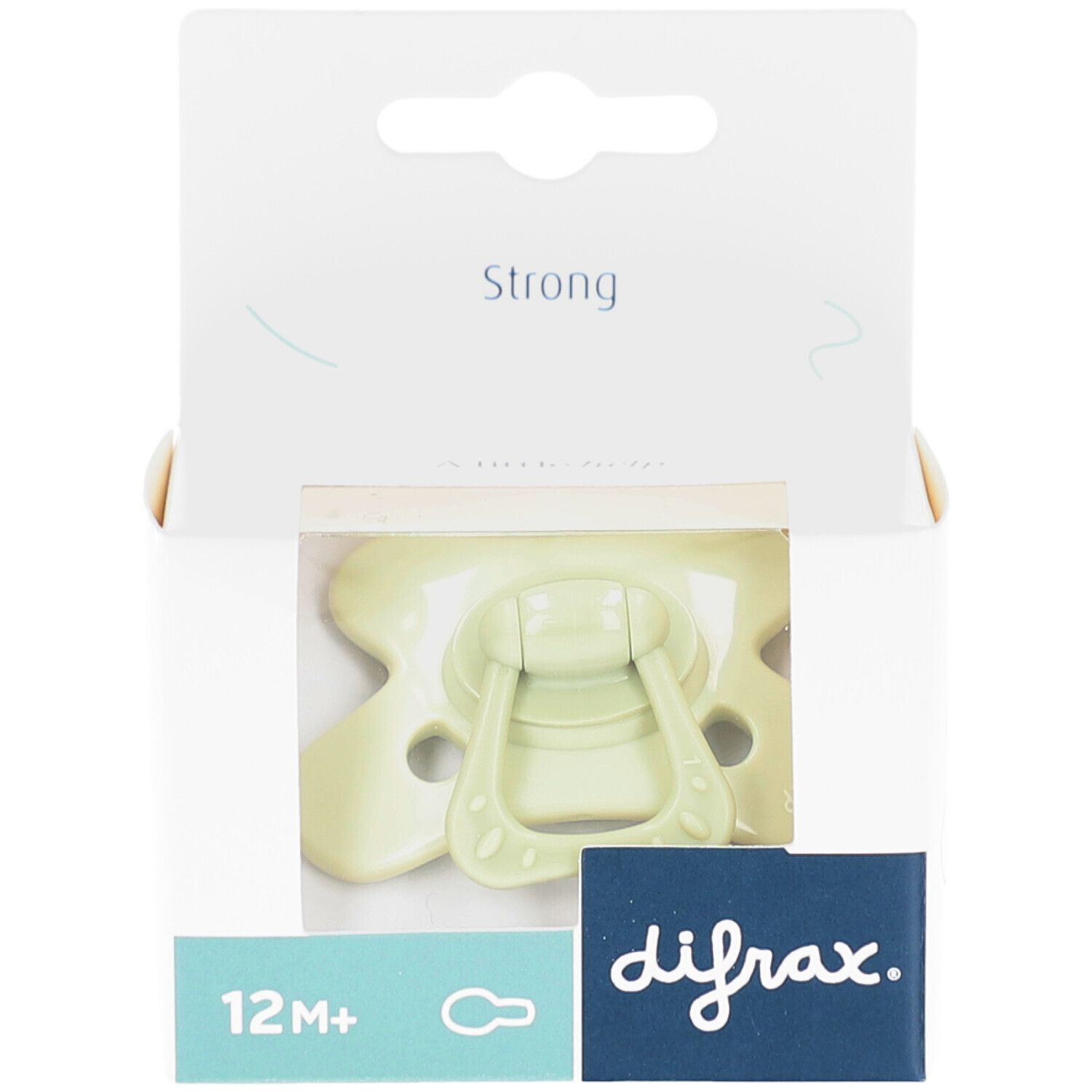 Sucette verte dans son emballage. Visible : 12M+, logo difrax, "Strong".