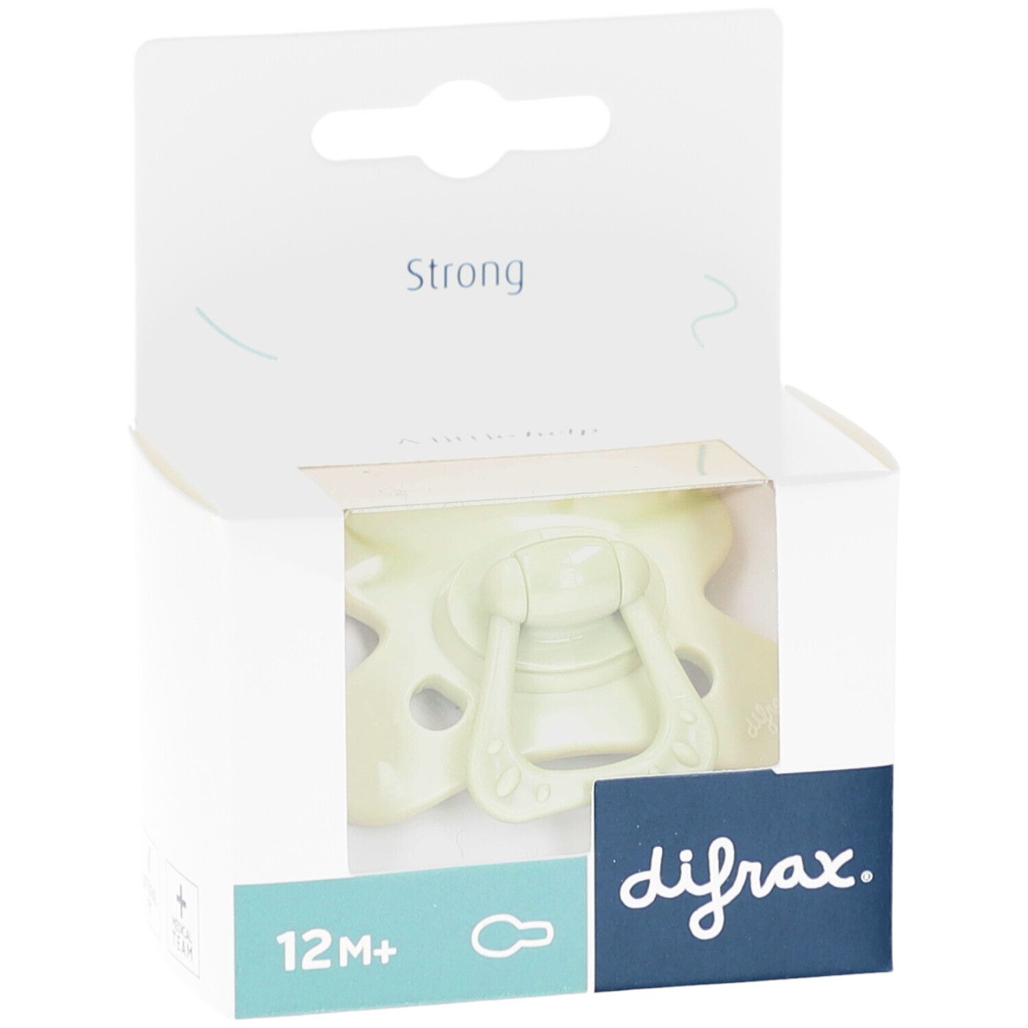 Sucette verte dans son emballage. Visible : 12M+, logo difrax, "Strong".