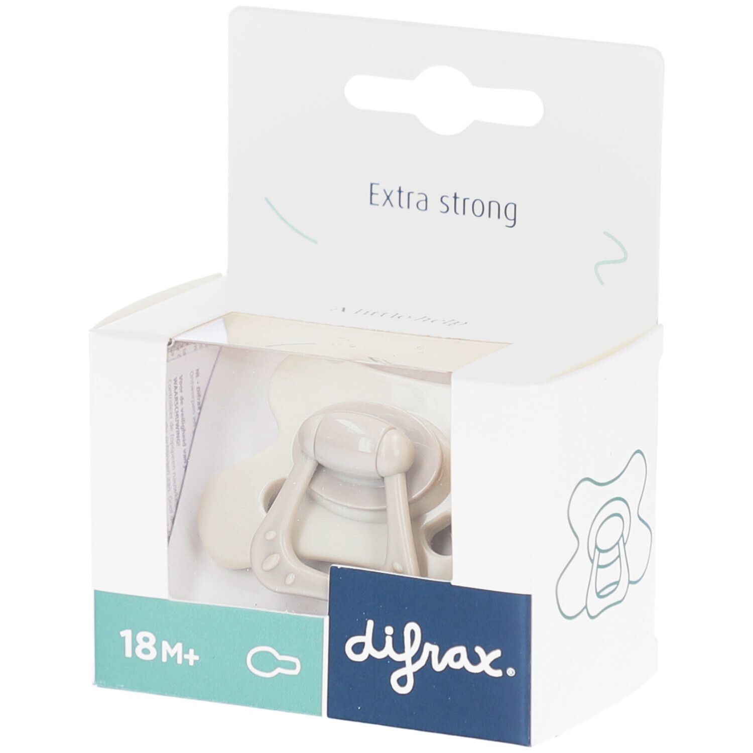Beige fopspeen in witte verpakking. Zichtbaar zijn het difrax-logo en de leeftijdsaanduiding 18M+.