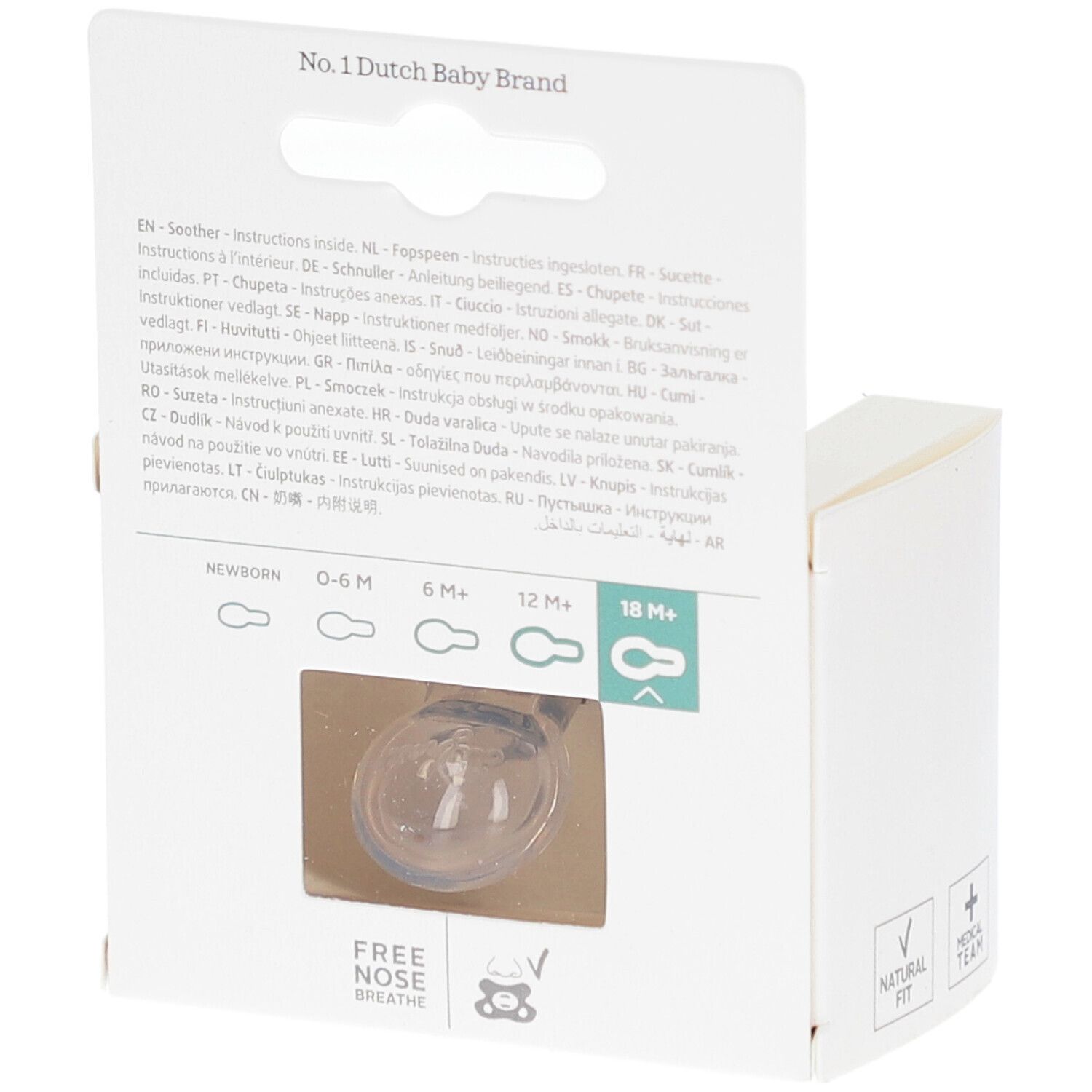Achterkant van de verpakking met informatie. Verschillende leeftijdsindicaties en een fopspeen afgebeeld.