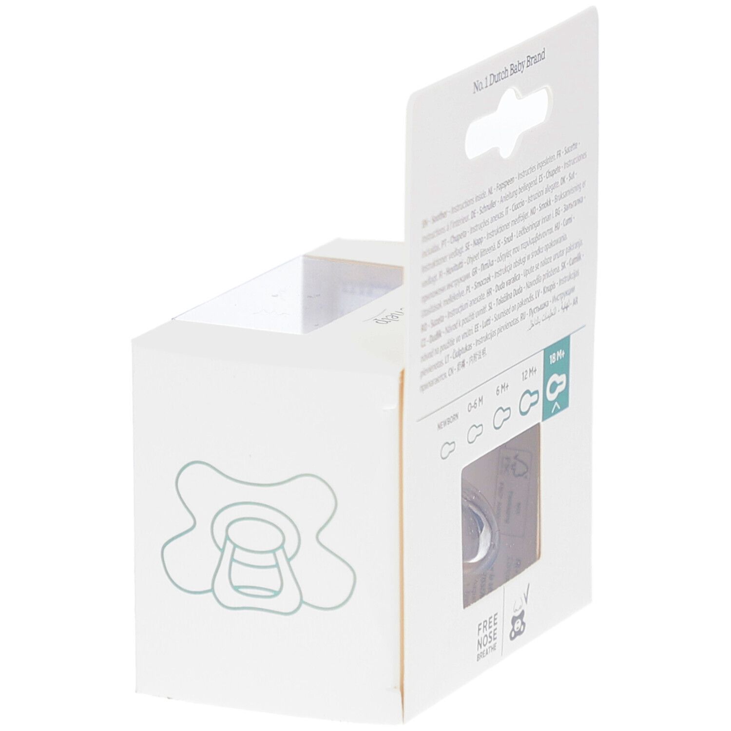 Achterkant van de verpakking met informatie. Een fopspeen is zichtbaar door een venster.