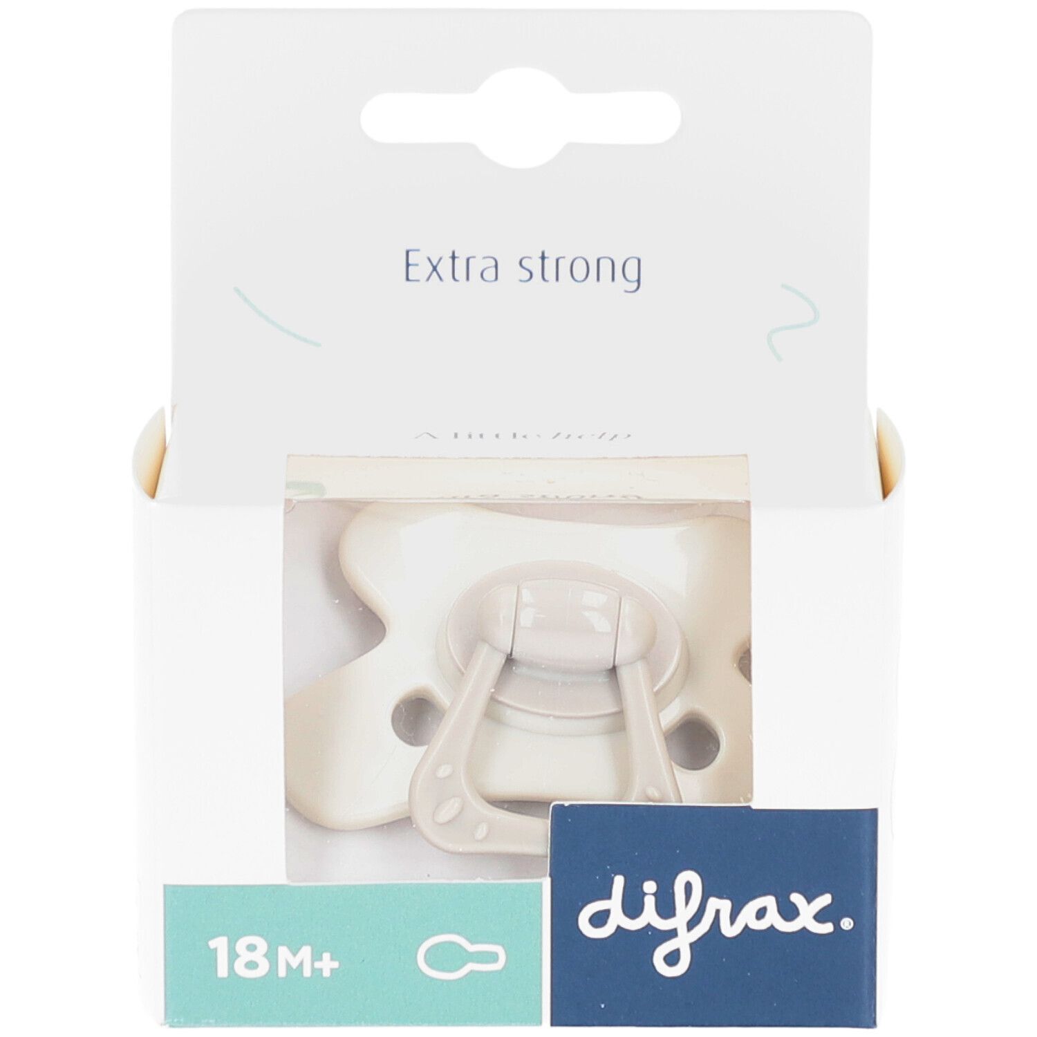 Beige fopspeen in witte verpakking. Zichtbaar zijn het difrax-logo en de leeftijdsaanduiding 18M+.