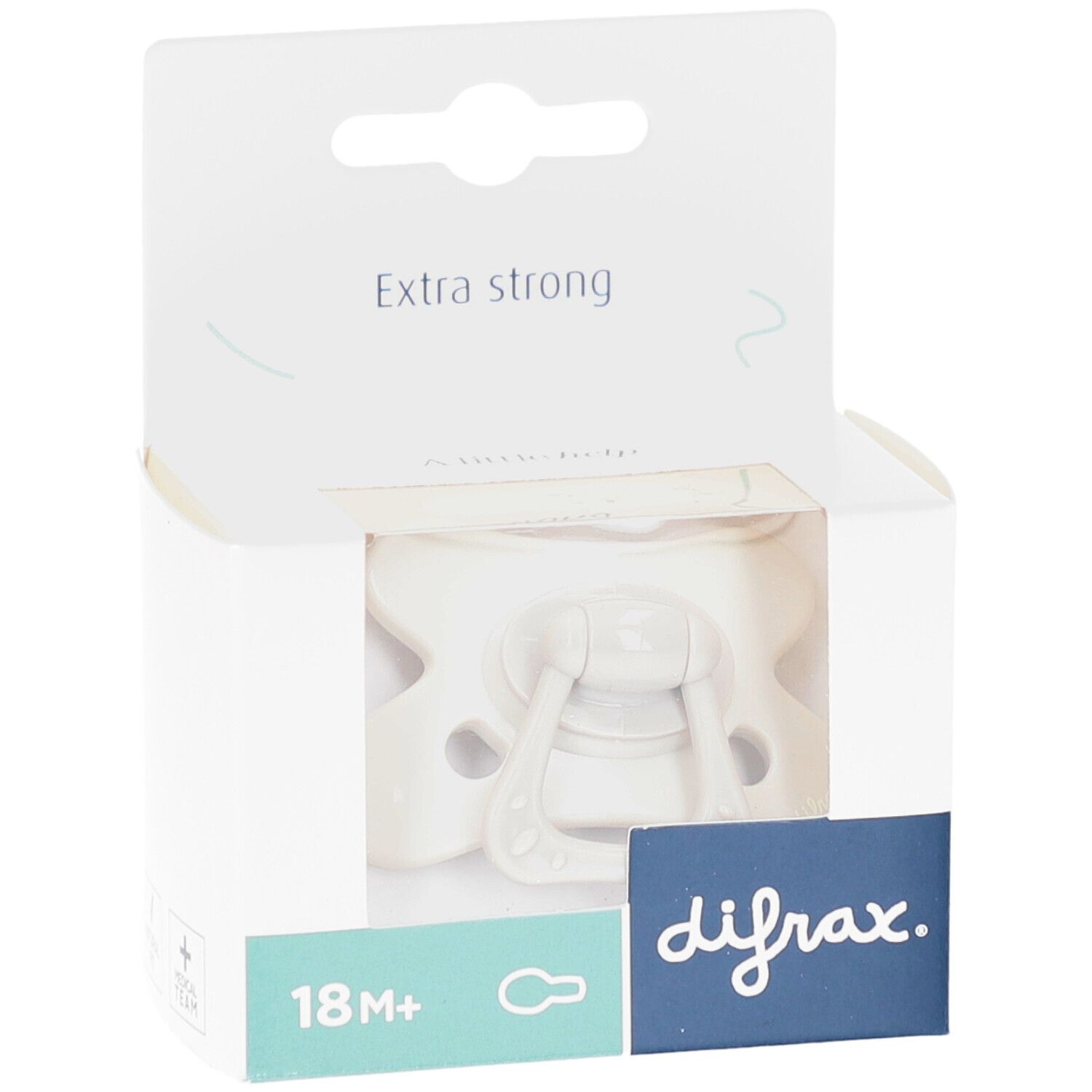 Beige fopspeen in witte verpakking. Zichtbaar zijn het difrax-logo en de leeftijdsaanduiding 18M+.