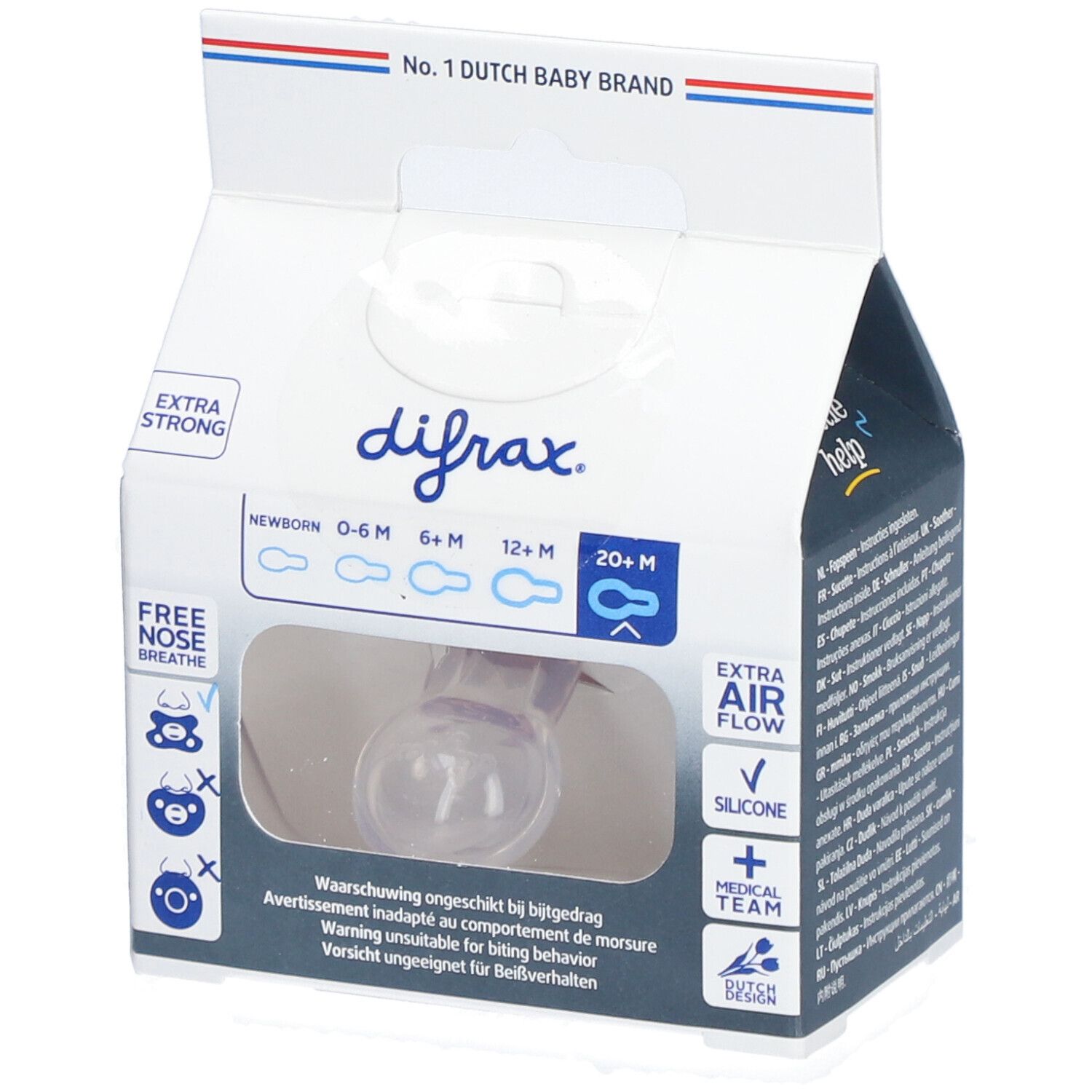 Emballage avec sucette. Marque Difrax. Inscription: Extra Strong, 20+ M, Extra Air Flow, Silicone.