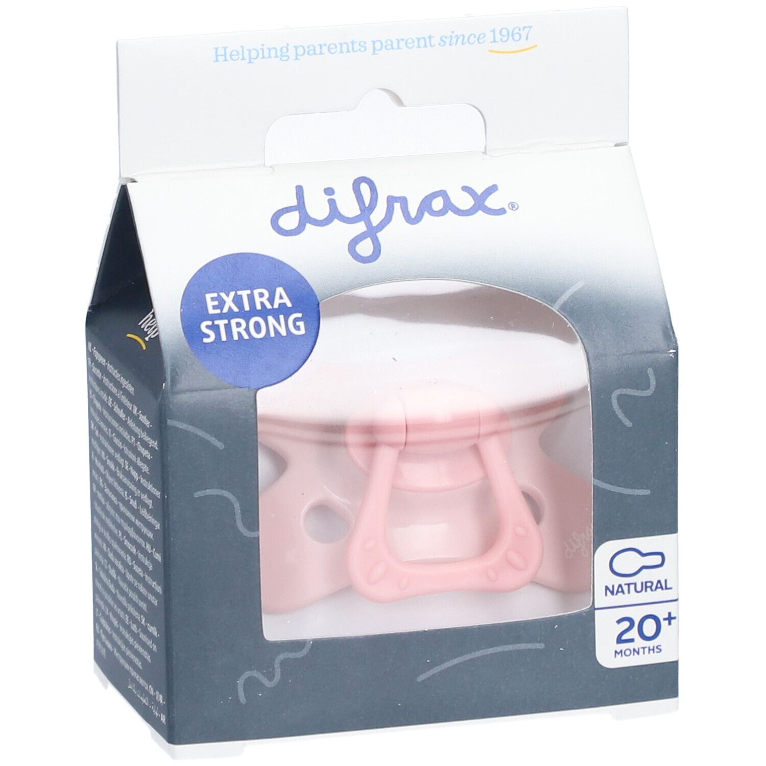 Sucette rose dans emballage. Marque Difrax. Inscription: Extra Strong, Natural, 20+ mois.