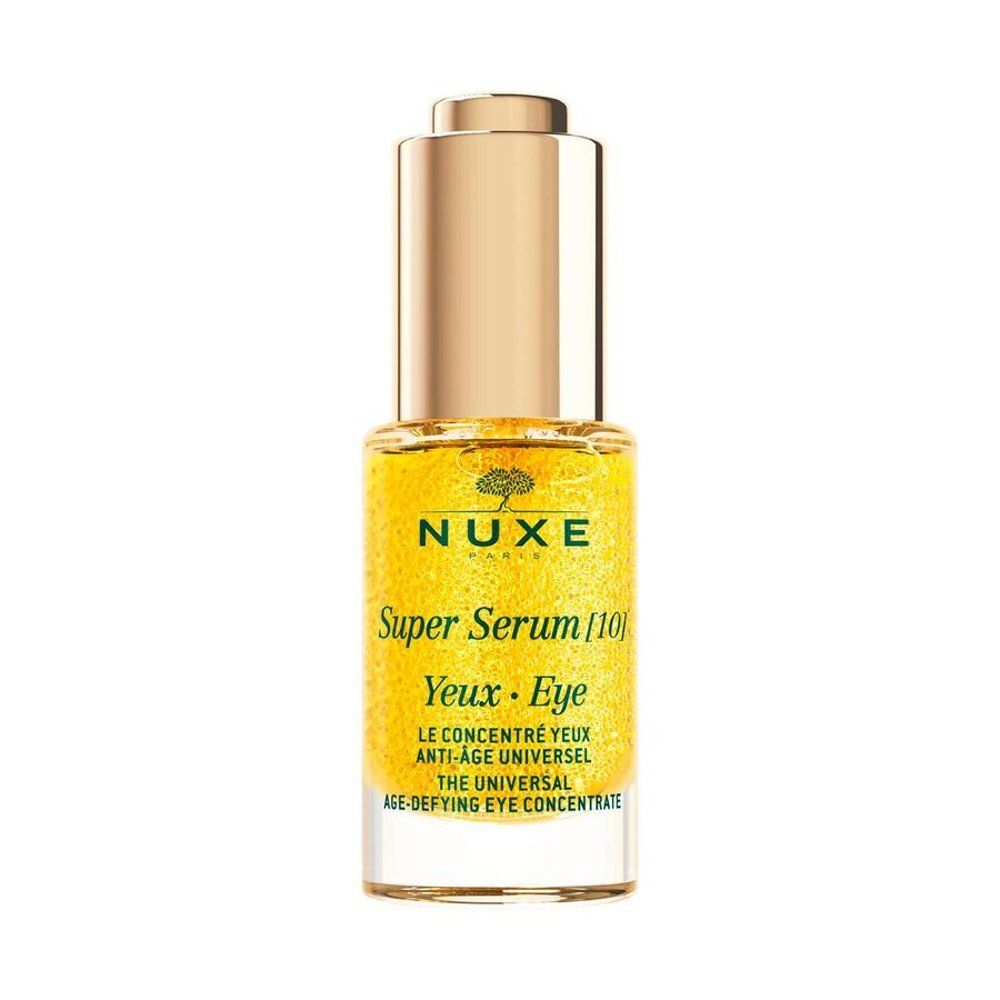 Verpakking Nuxe Super Serum oogconcentraat, voorkant met teksten in Frans en Engels.