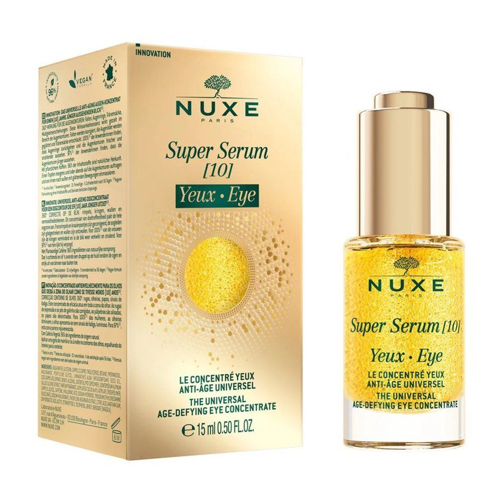 Verpakking Nuxe Super Serum oogconcentraat, zijkant met productinformatie in meerdere talen.