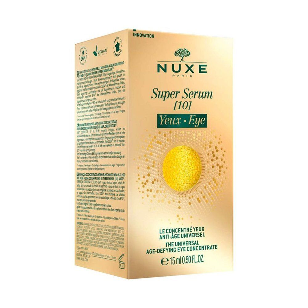 Verpakking Nuxe Super Serum oogconcentraat, voorkant met teksten in Frans en Spaans.