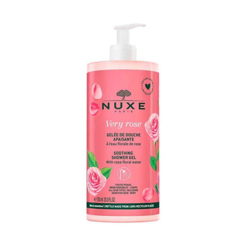 Nuxe Very Rose douchegel, roze fles met pomp. Rozenillustraties en tekst. 750ml.