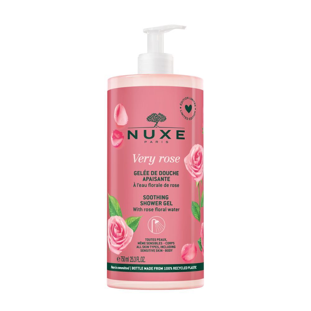 Roze douchegelfles met pomp. Opschrift: Nuxe Very Rose. Illustraties van rozen en tekst.