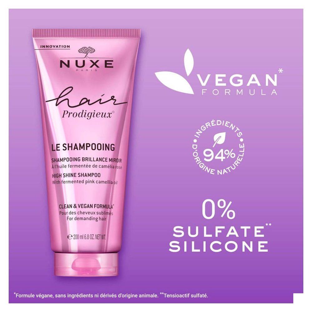 Achterkant Nuxe Hair Prodigieux Shampoo tube. Vegan, 94% natuurlijke ingrediënten.