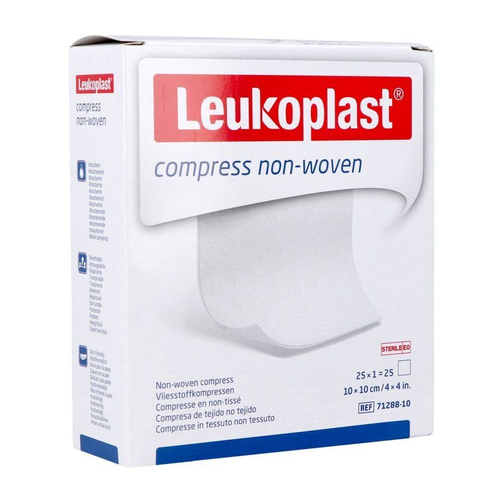 Verpakking Leukoplast kompressen. Witte doos met productnaam en details. 25 stuks, 10x10 cm.