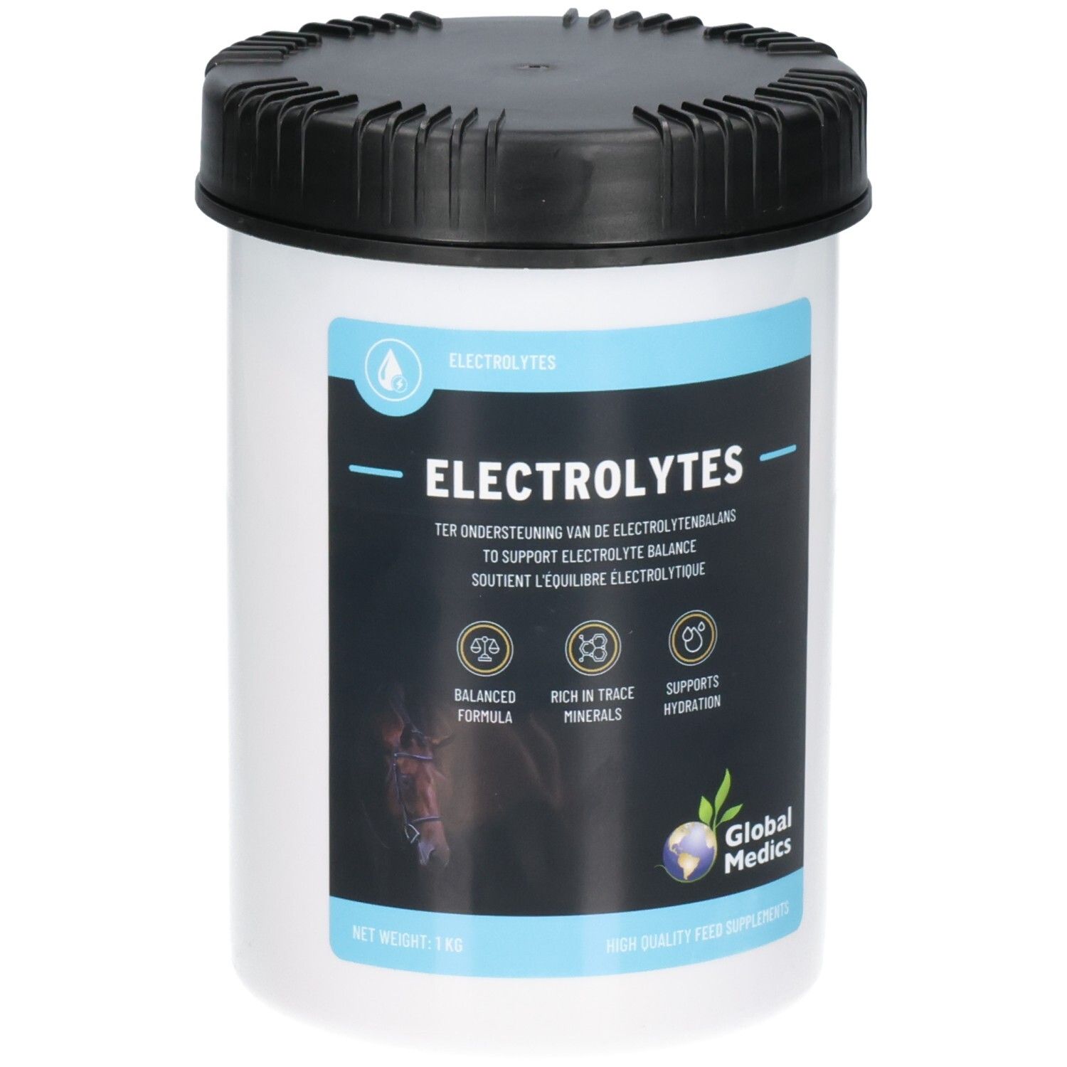 Contenant Global Medics Électrolytes 1kg avec couvercle à vis noir. Étiquette avec 'ELECTROLYTES' et 'BALANCED FORMULA'.