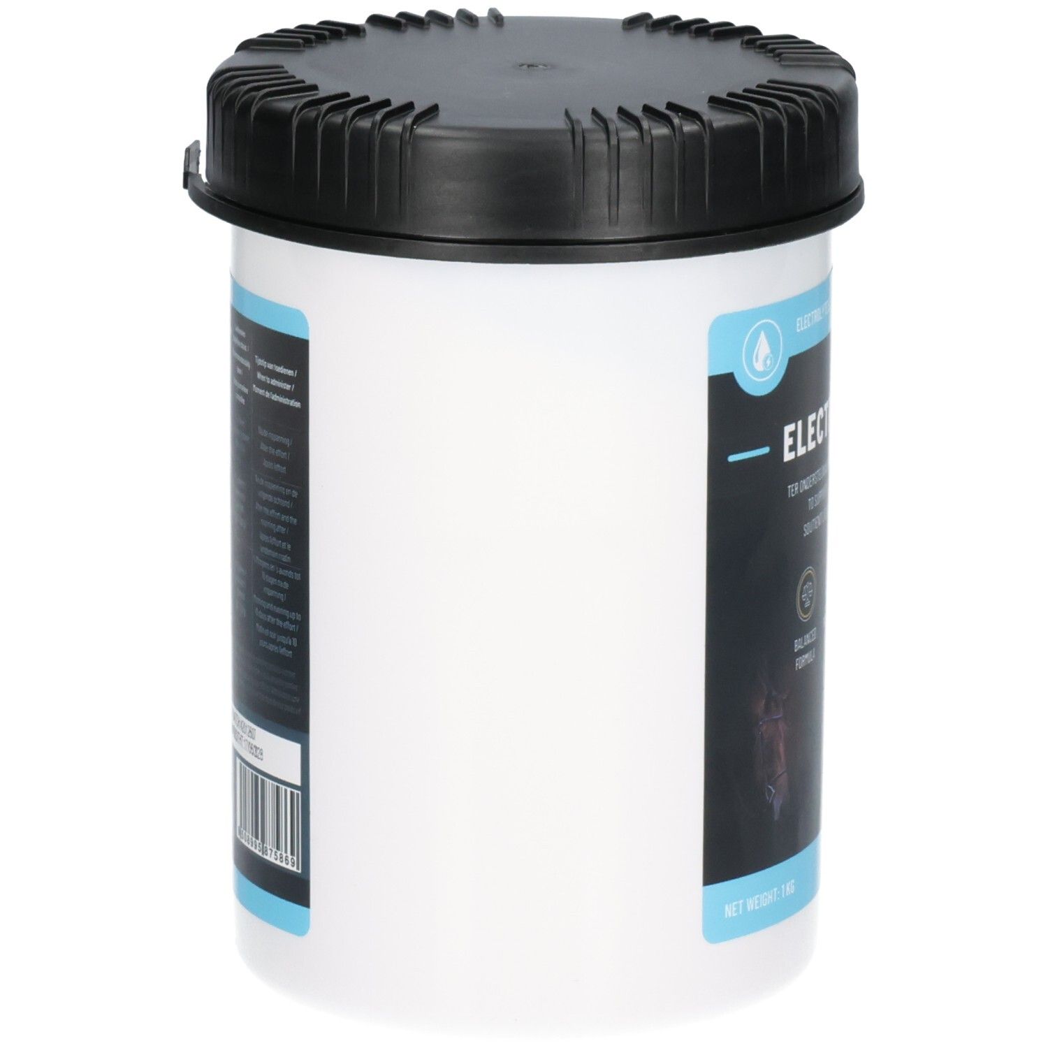 Vue latérale d'un contenant Global Medics Électrolytes 1kg avec couvercle à vis noir.