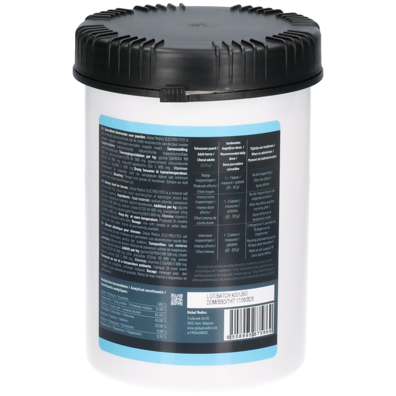 Arrière d'un contenant Global Medics Électrolytes 1kg. Étiquette avec informations détaillées et code-barres.