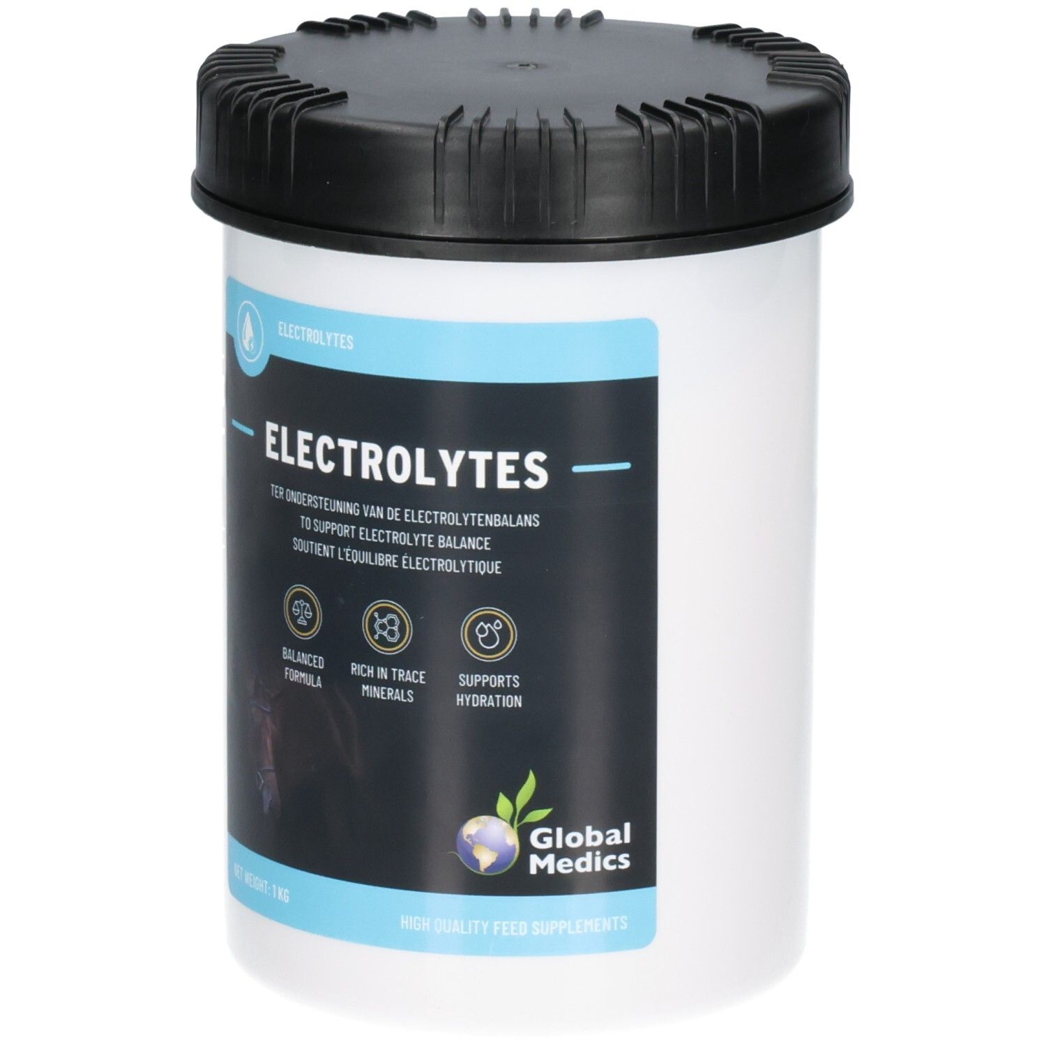 Contenant Global Medics Électrolytes 1kg avec couvercle à vis noir. Étiquette avec 'ELECTROLYTES' et 'RICH IN TRACE MINERALS'.