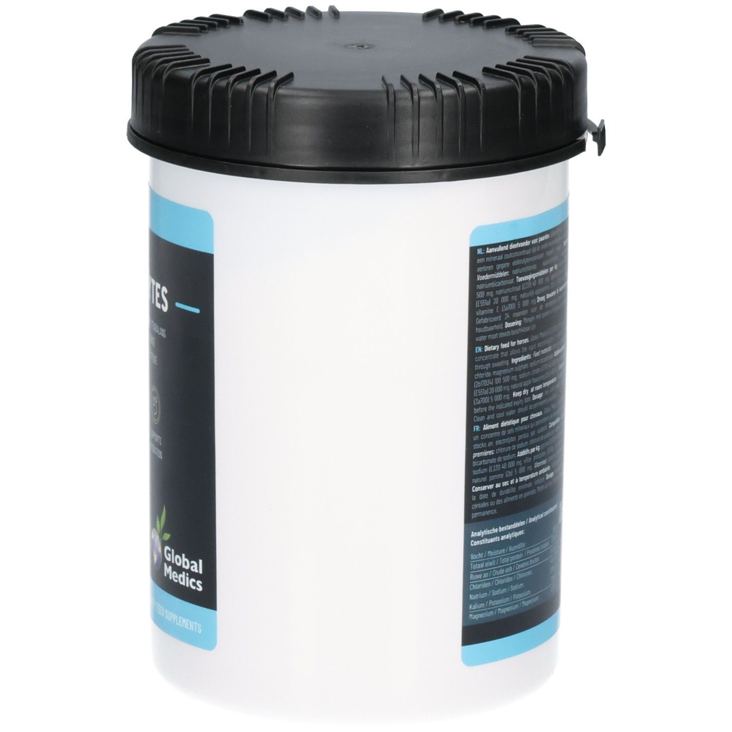 Vue latérale d'un contenant Global Medics Électrolytes 1kg avec couvercle à vis noir. Étiquette avec 'SUPPORTS HYDRATION'.