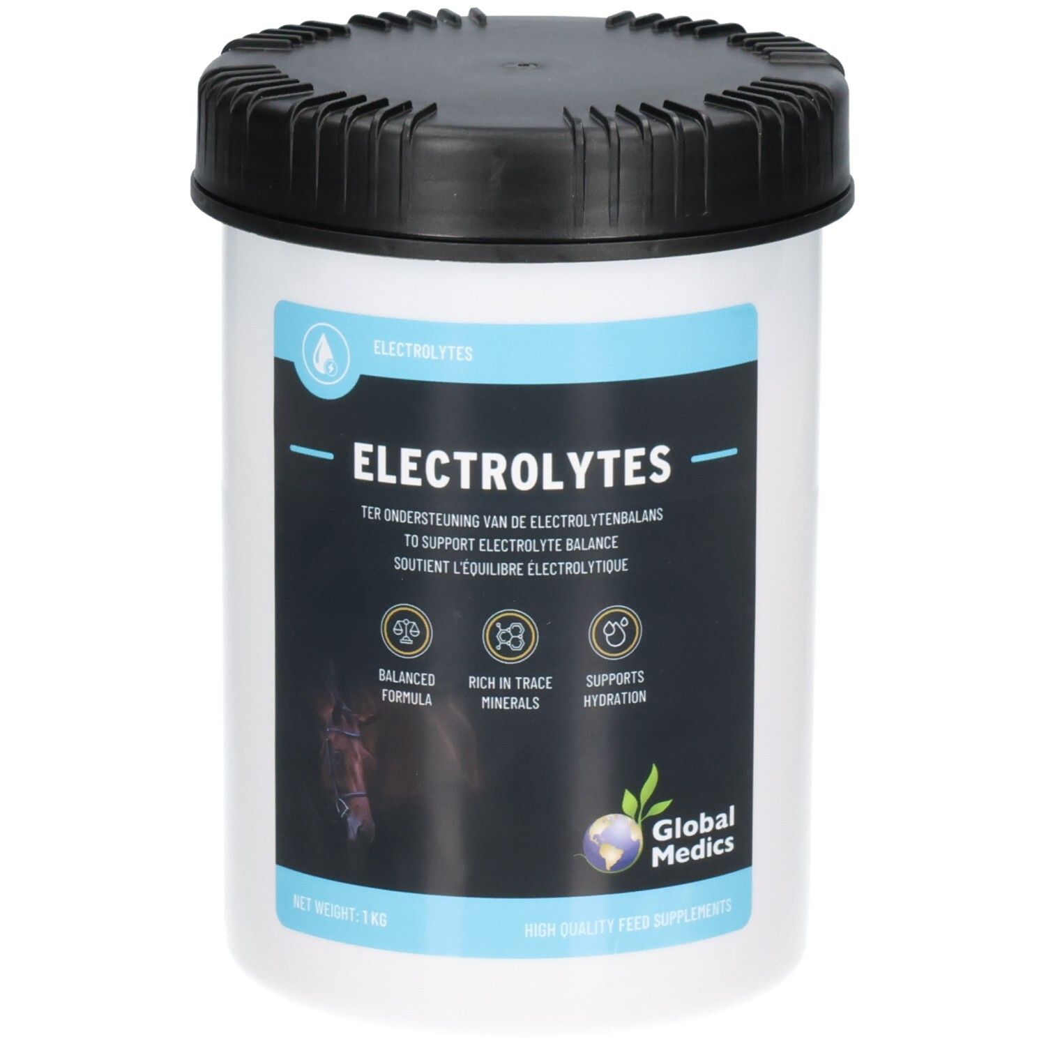 Contenant Global Medics Électrolytes 1kg avec couvercle à vis noir. Étiquette avec 'ELECTROLYTES' et 'SUPPORTS HYDRATION'.