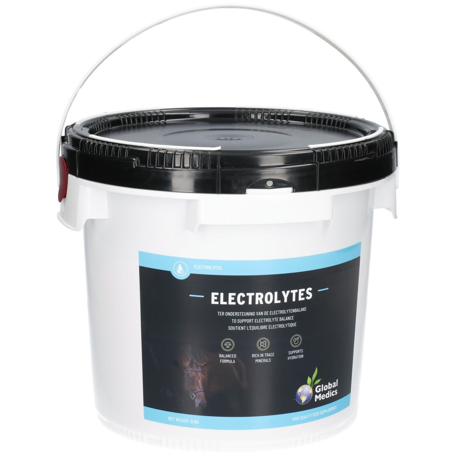 Seau blanc avec couvercle noir, étiquette 'ELECTROLYTES' et 'Global Medics'.