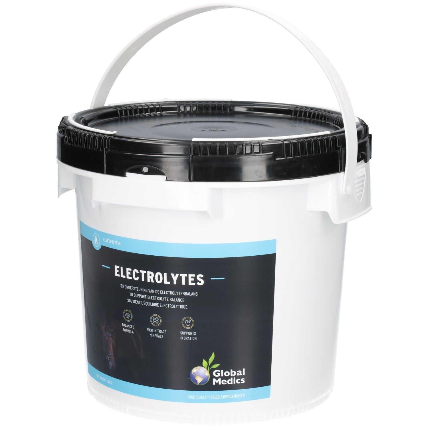 Seau blanc avec couvercle noir, étiquette 'ELECTROLYTES' et 'Global Medics'.