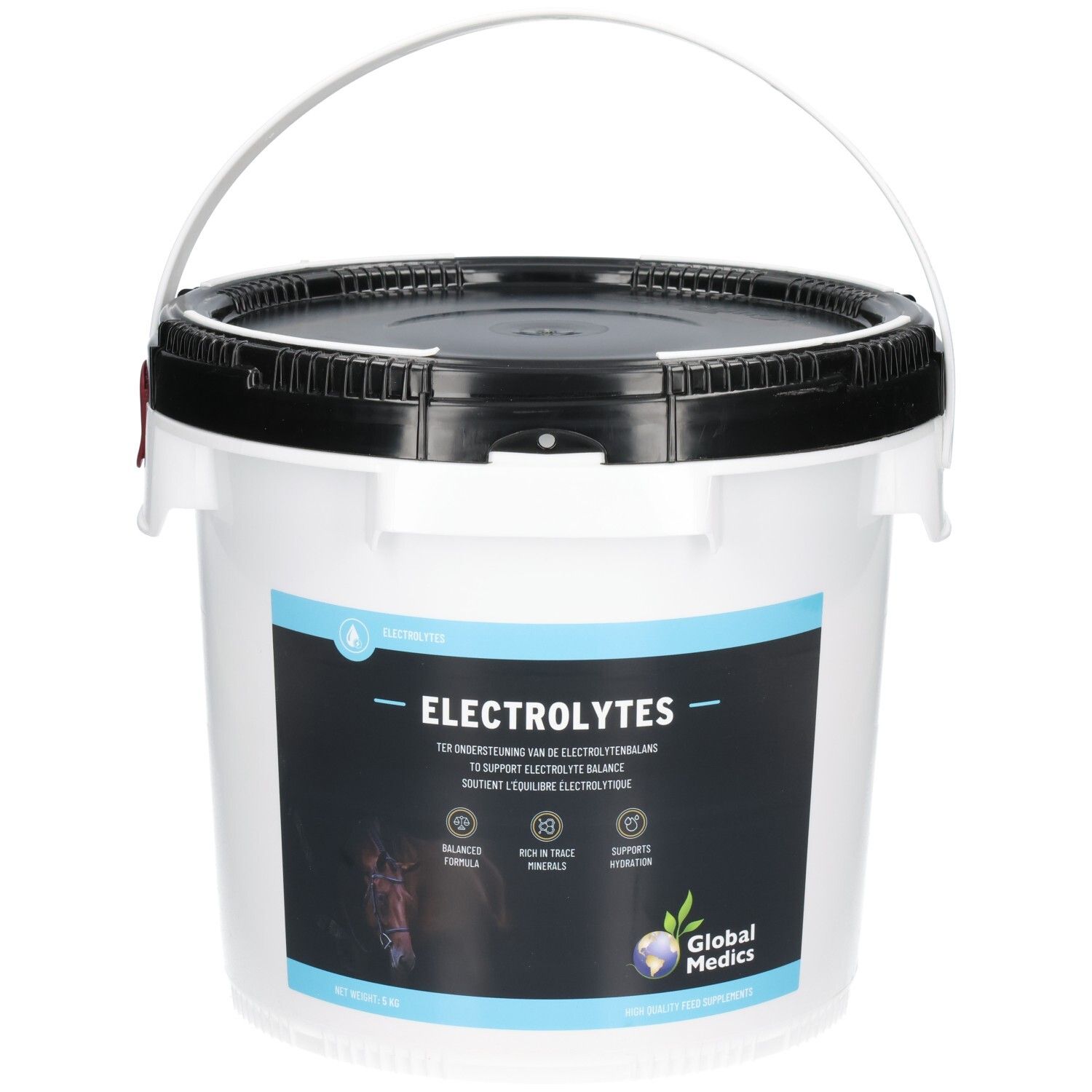 Seau blanc avec couvercle noir, étiquette 'ELECTROLYTES' et 'Global Medics'.