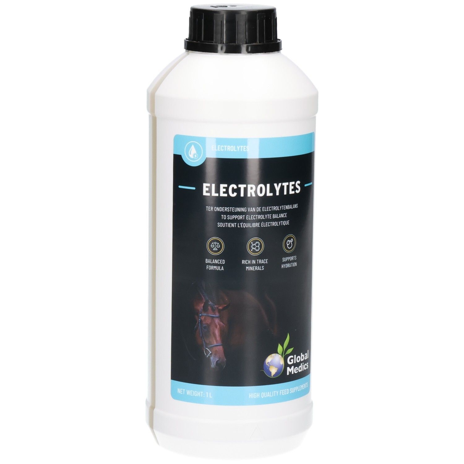 Bouteille blanche de 1L avec bouchon noir. Étiquette avec 'ELECTROLYTES' et tête de cheval.