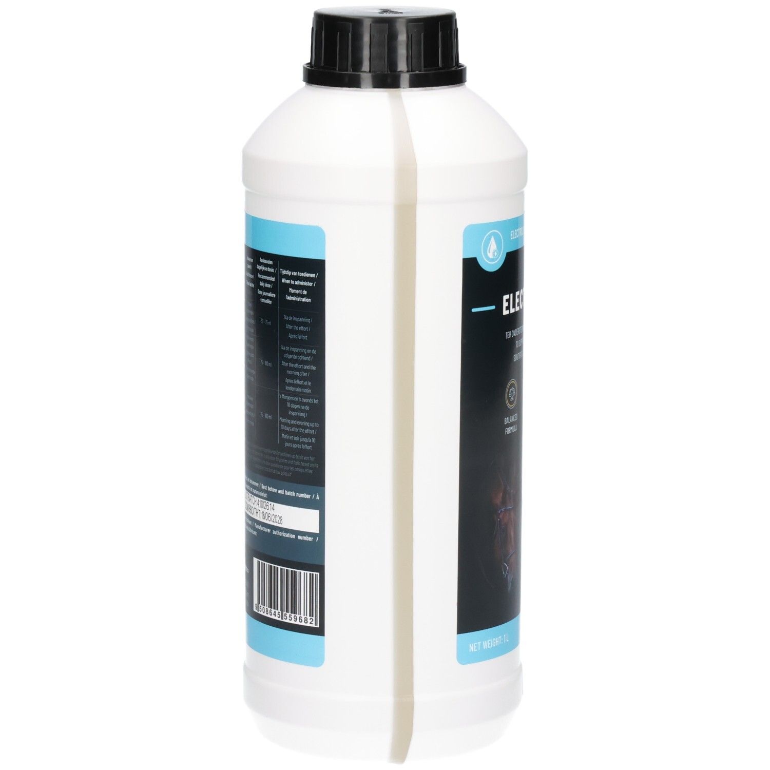 Vue latérale d'une bouteille blanche de 1L avec bouchon noir. Étiquette avec informations produit.