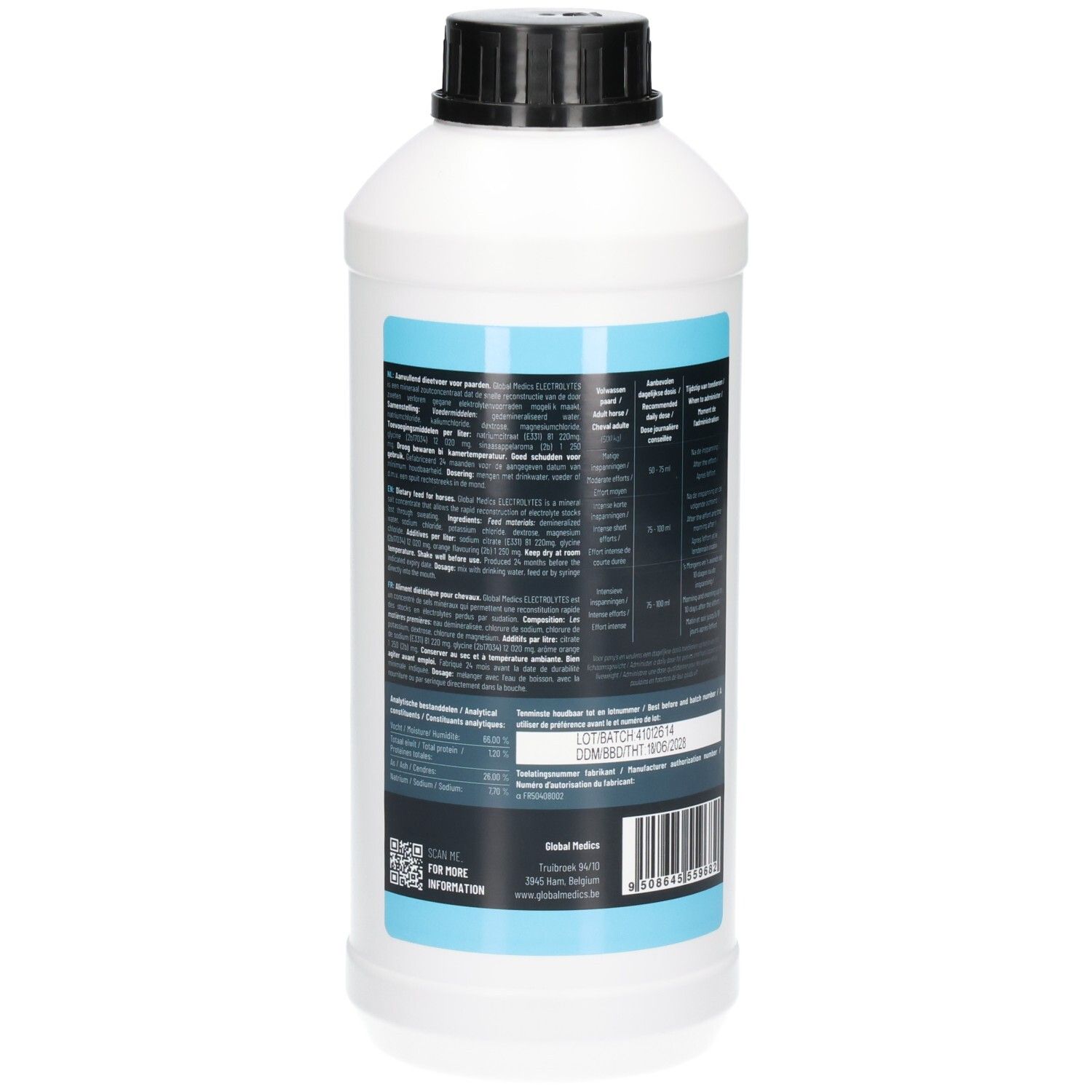 Arrière d'une bouteille blanche de 1L. Étiquette avec informations détaillées sur le produit et code-barres.