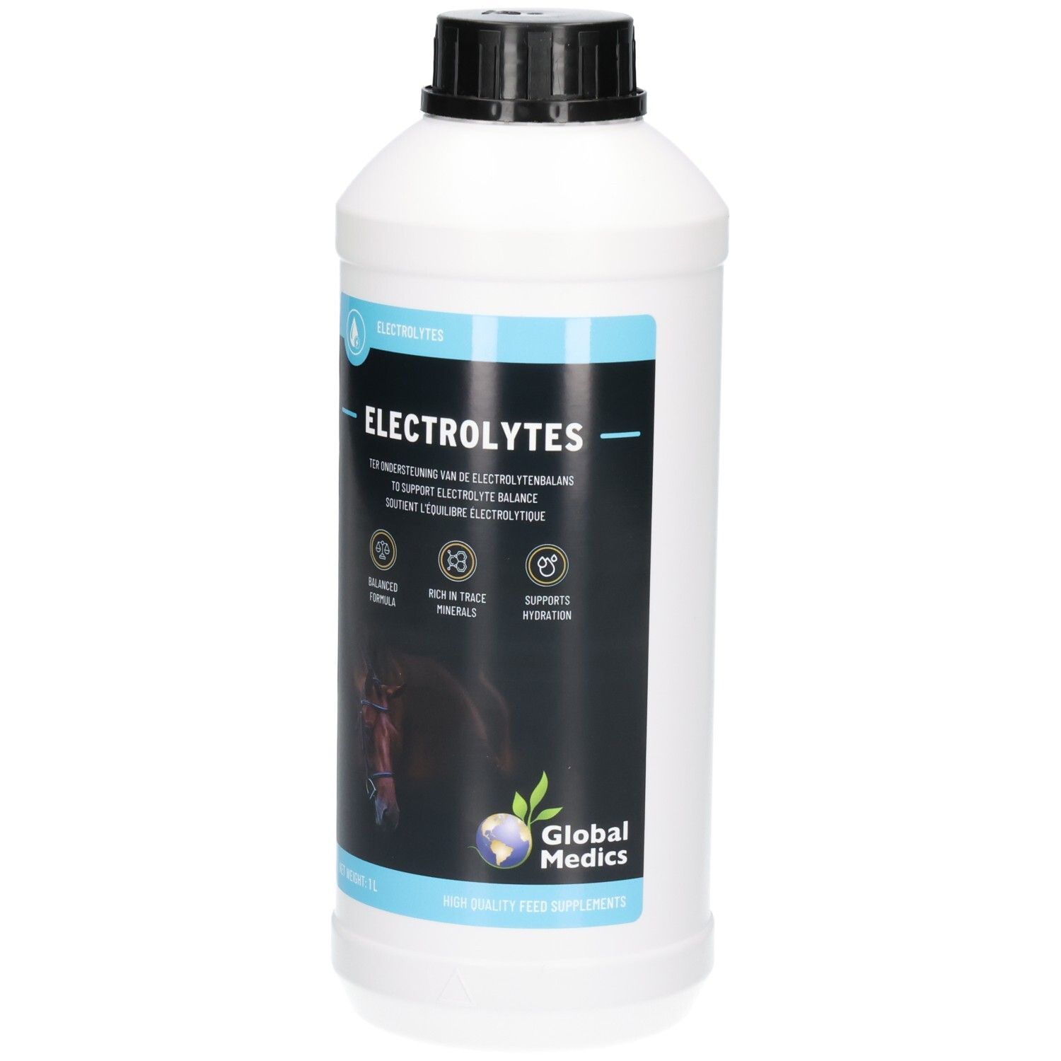 Bouteille blanche de 1L avec bouchon noir. Étiquette avec 'ELECTROLYTES' et tête de cheval.