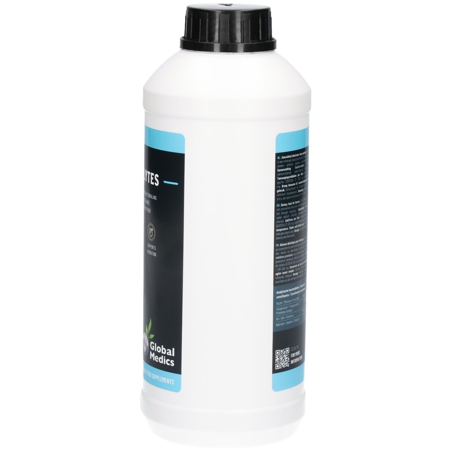 Vue latérale d'une bouteille blanche de 1L avec bouchon noir. Étiquette avec informations produit.