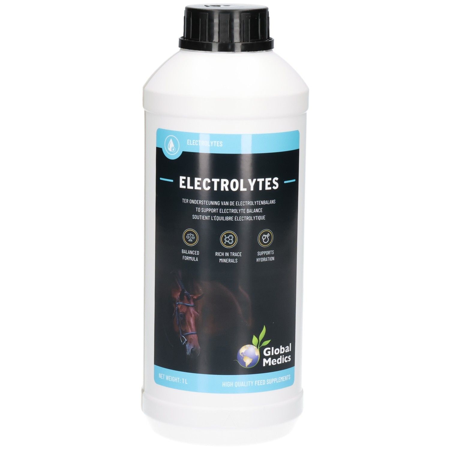 Bouteille blanche de 1L avec bouchon noir. Étiquette avec 'ELECTROLYTES' et tête de cheval.