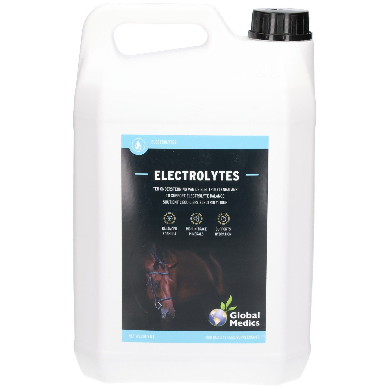 Vue frontale d'un bidon blanc avec étiquette 'ELECTROLYTES' et une tête de cheval.