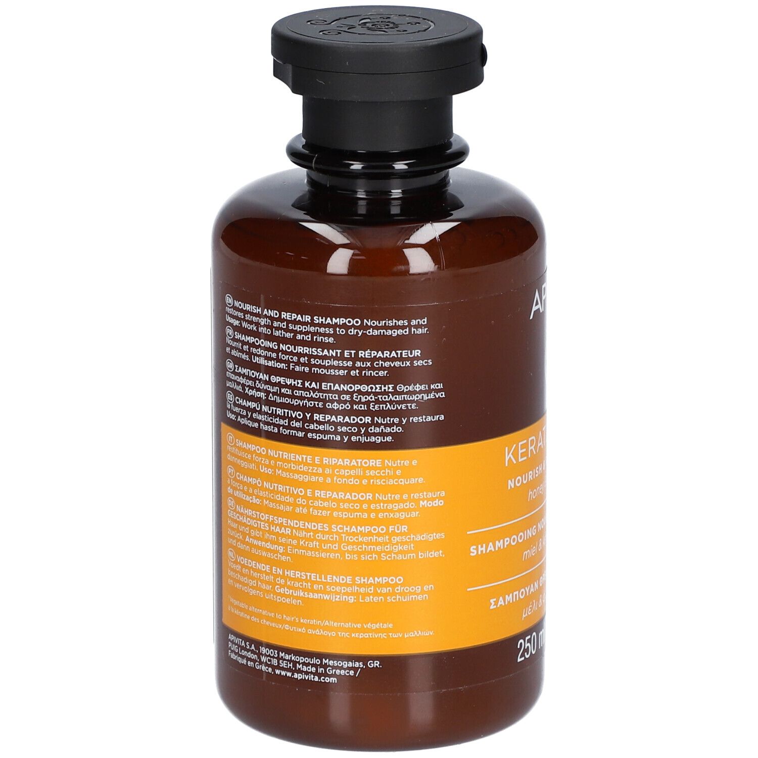 Bruine shampoofles met zwarte dop en geel etiket. Bevat 250ml.