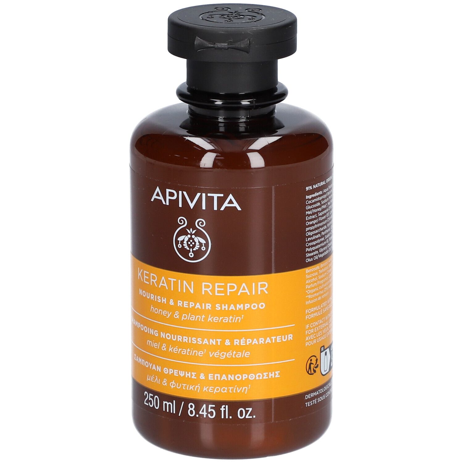 APIVITA Keratin Repair Shampoo, 250 ml. Bruine fles met zwarte dop. Bevat honing en plantaardige keratine.