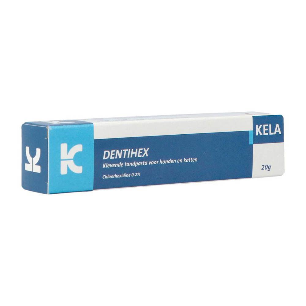 Doosje Dentihex tandpasta voor honden en katten. Blauw en wit doosje met tekst en logo.