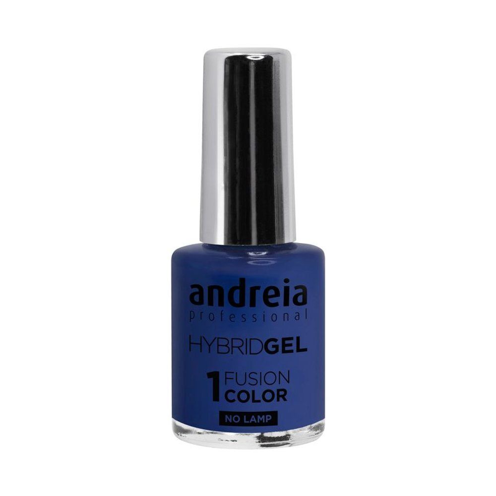 Vernis semi-permanent bleu Andreia Professional. Flacon avec bouchon argenté. Inscription: Hybridgel, Fusion Color, No Lamp.
