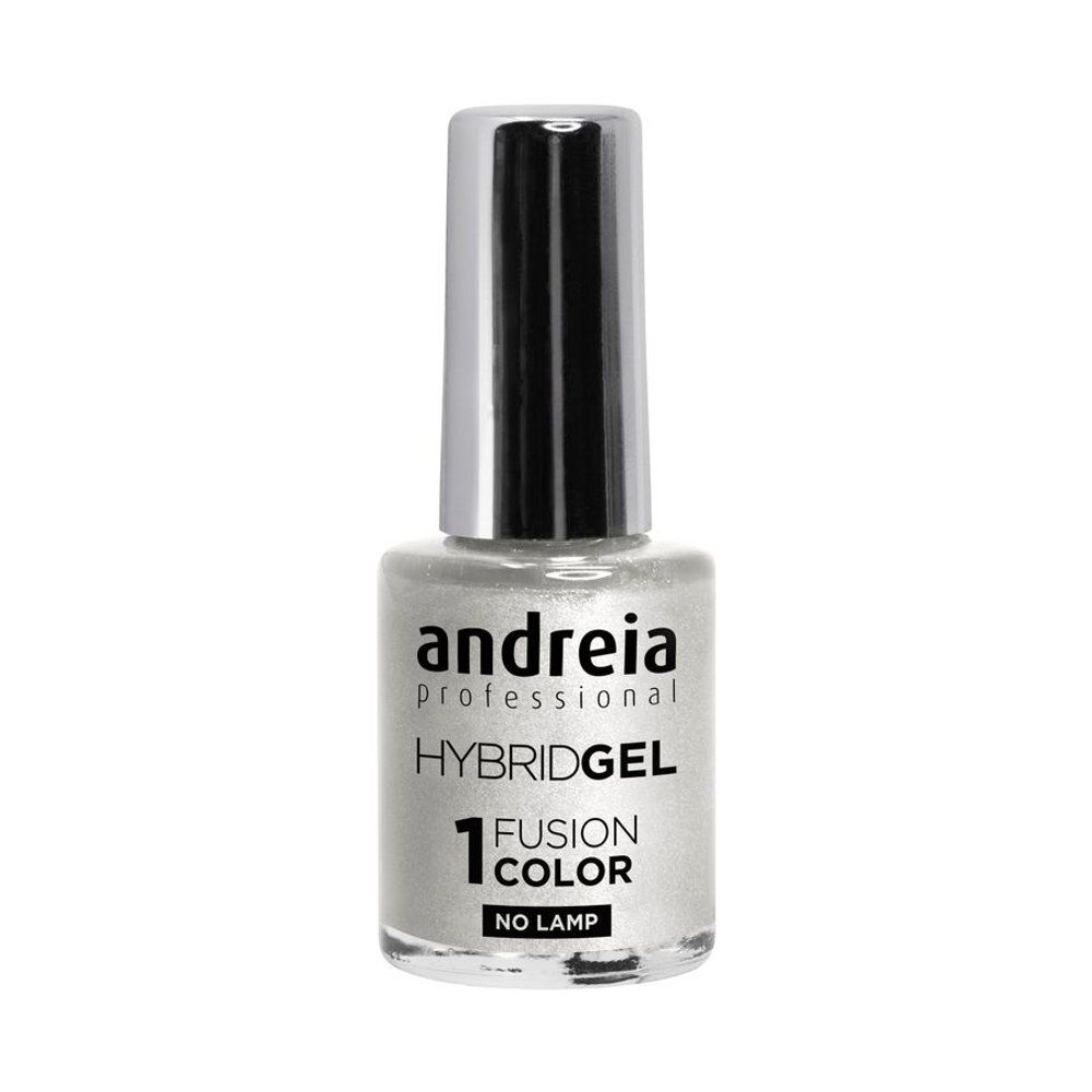 Nagellakflesje met zilveren dop. Opschrift: andreia professional HYBRIDGEL 1 FUSION COLOR NO LAMP.