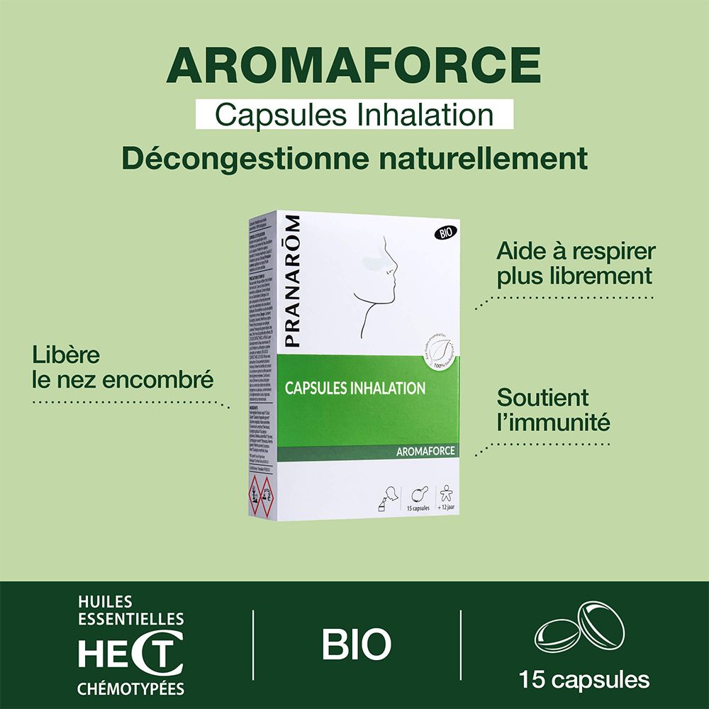 Boîte verte avec informations produit. Texte: AROMAFORCE Capsules Inhalation. Certification BIO. 15 capsules.